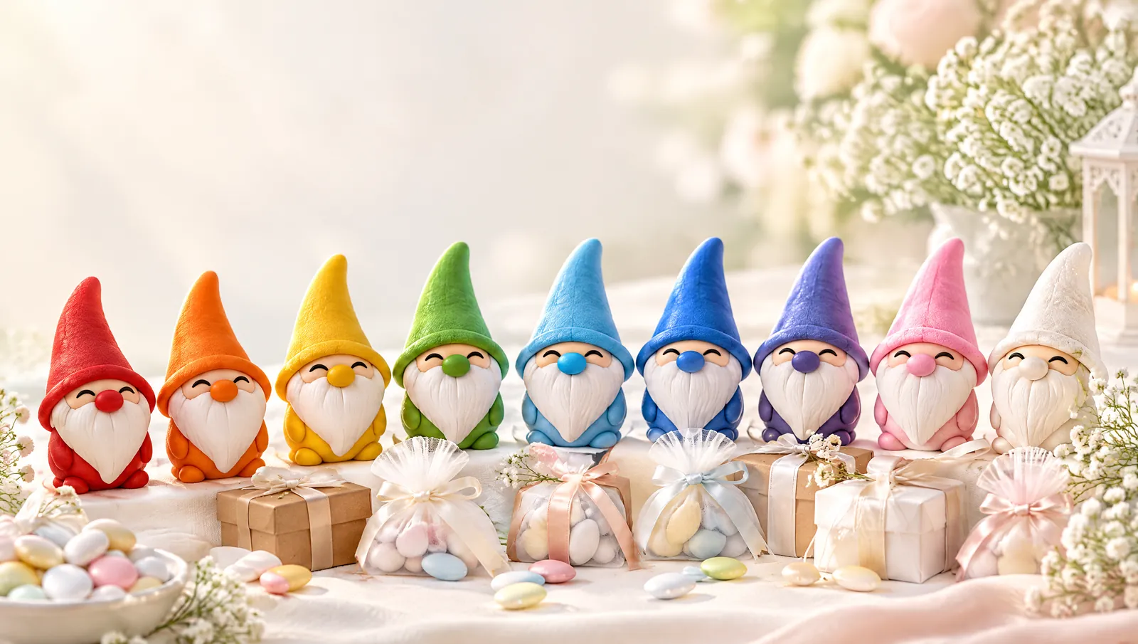 Piccoli gnomi dell'Arcobaleno in fila accanto a sacchetti di tulle e scatoline con i confetti