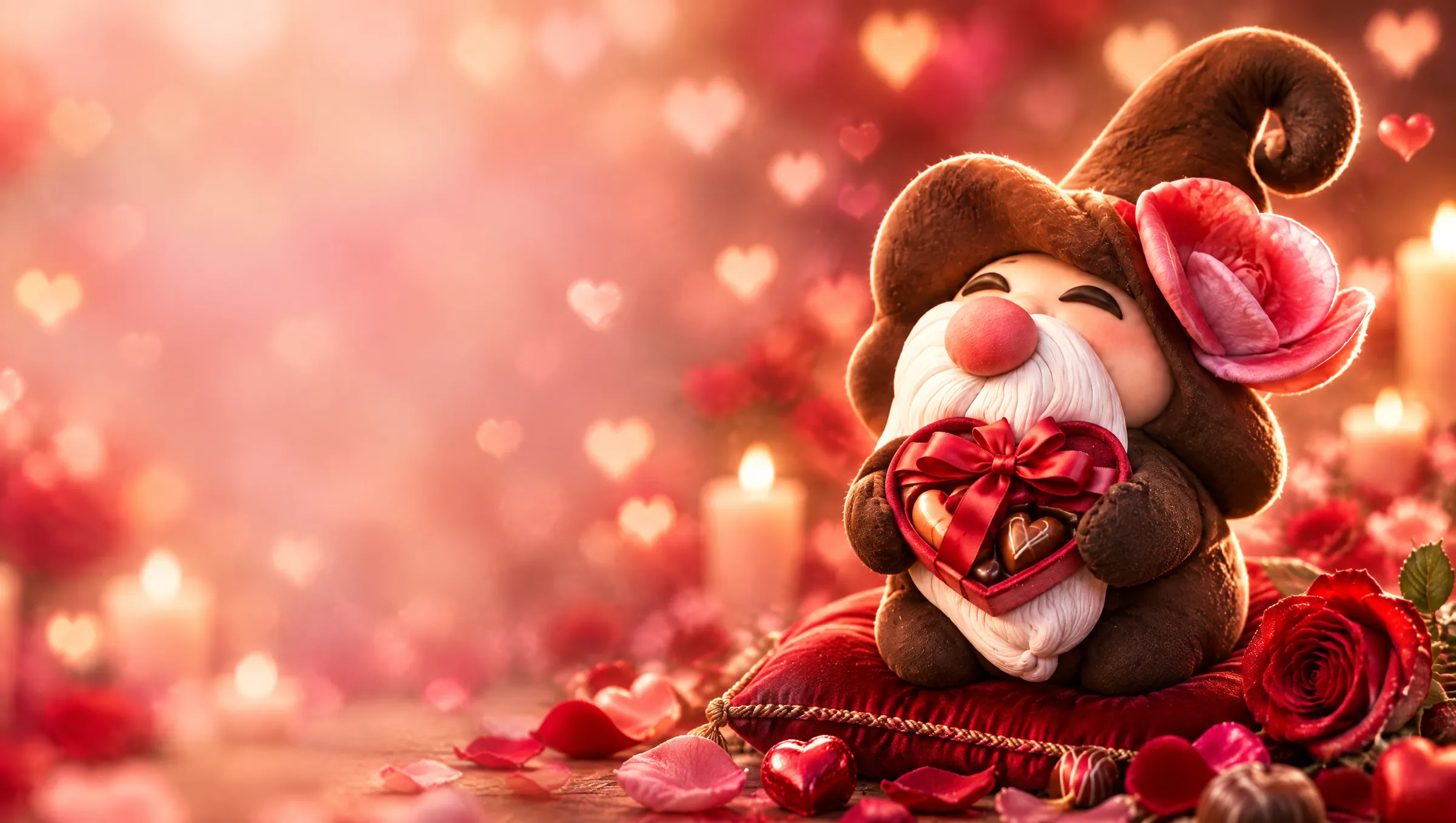 Lo gnomo della Rosa porge una scatola di cioccolatini a forma di cuore, tra petali e cuori